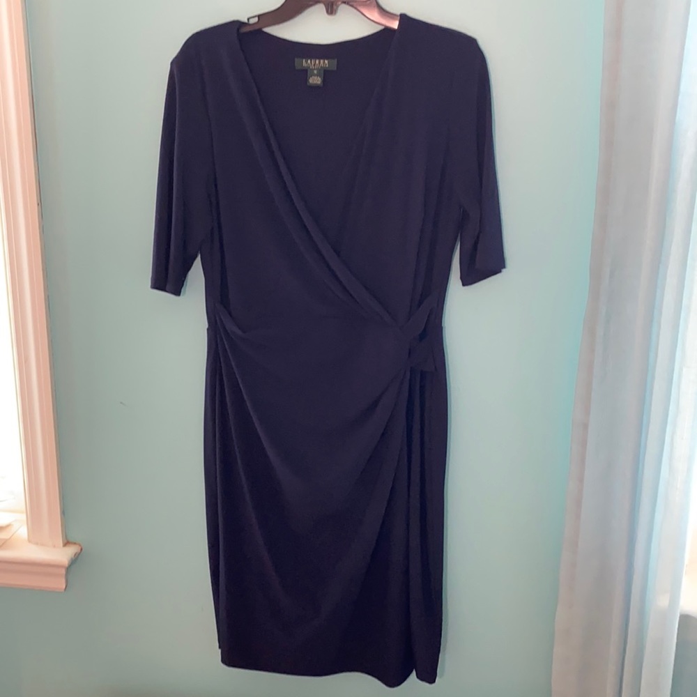 Lauren Ralph Lauren navy blue faux wrap dress. Lined. Wrinkle free. Size 12.
